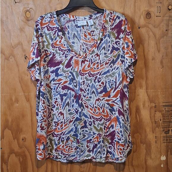 Nicole Miller New York Shirt Women's 1X 100% Linen Abstract Floral Tropical Boho - Picture 1 of 6